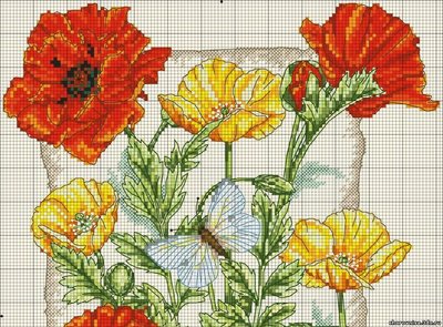 Вышивка крестом Красные маки с бабочкой схема 1.jpg
